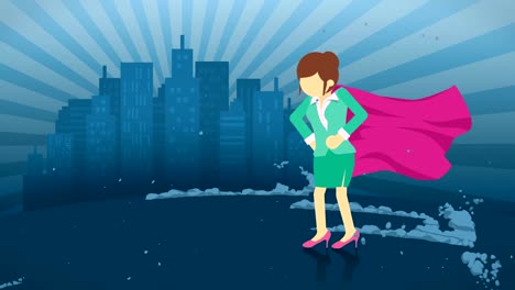 superhero standing on city background. near a cloud of dust. business woman symbol. leadership and achievement concept. comic loop animation.