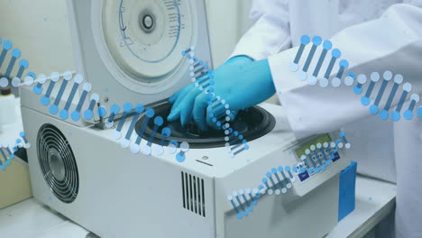 scientist using centrifuge with dna strand animation over laboratory equipment