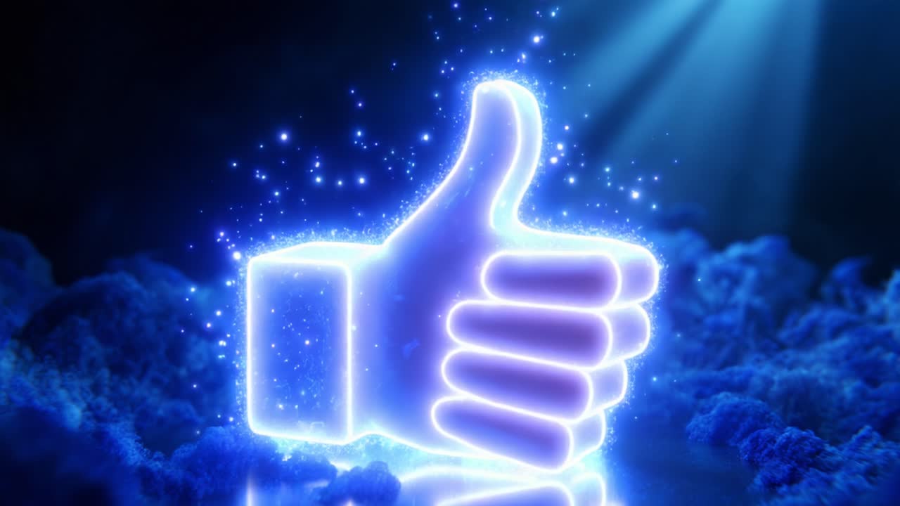 A glowing, ethereal thumbs-up symbol illuminated with radiant sparks and soft blue light, set against a dark background that creates a mysterious atmosphere, embodying positivity and approval