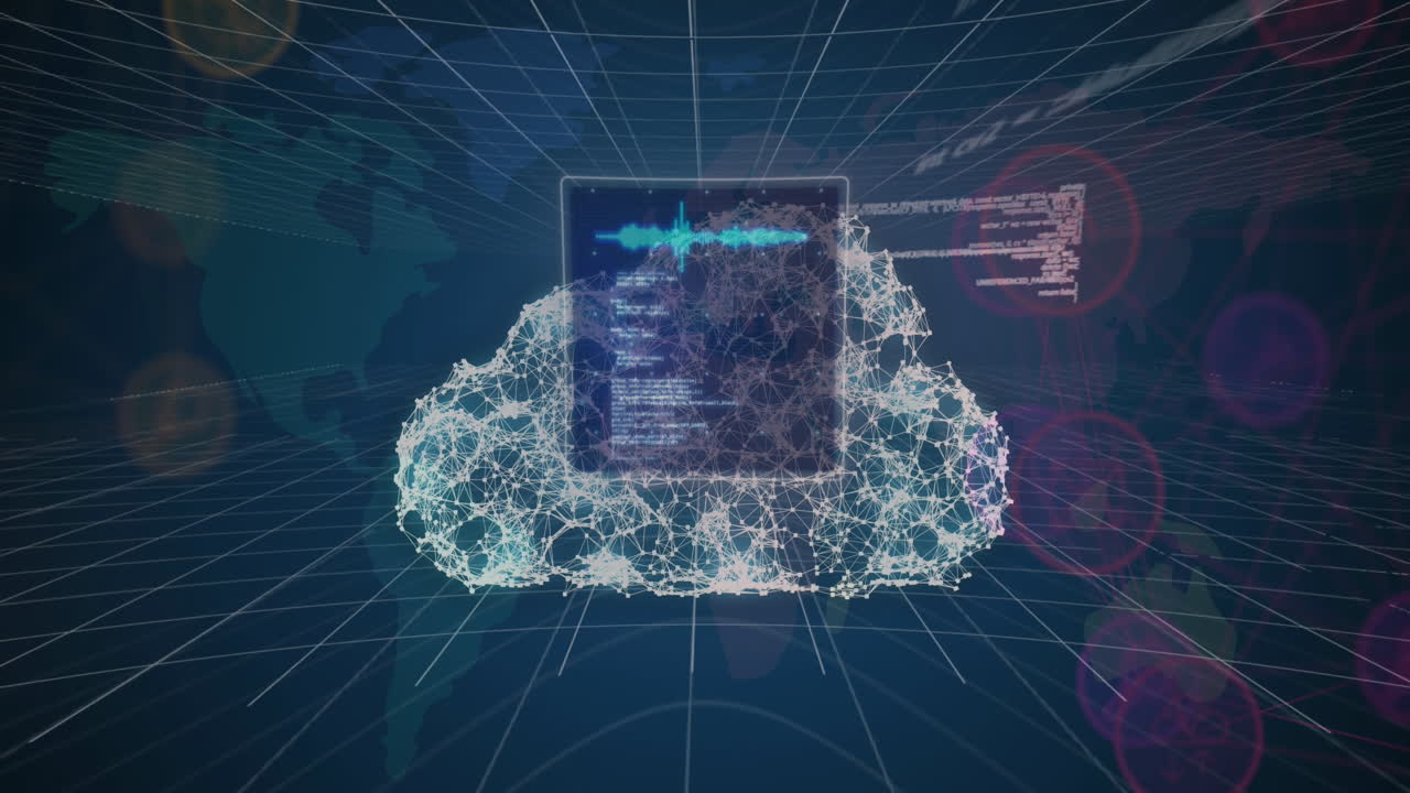 Animation of digital cloud, data processing over world map
