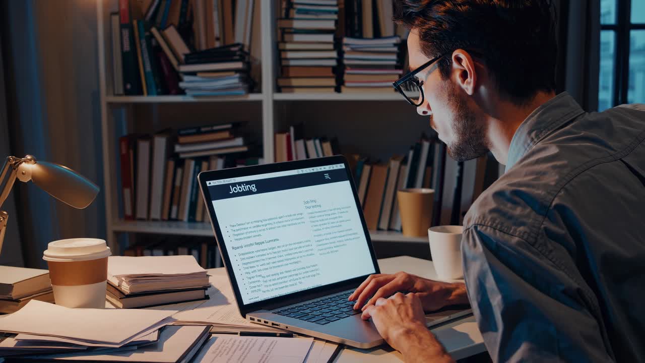 A side-angle video captures a man typing on a laptop in a cozy home office, surrounded by books