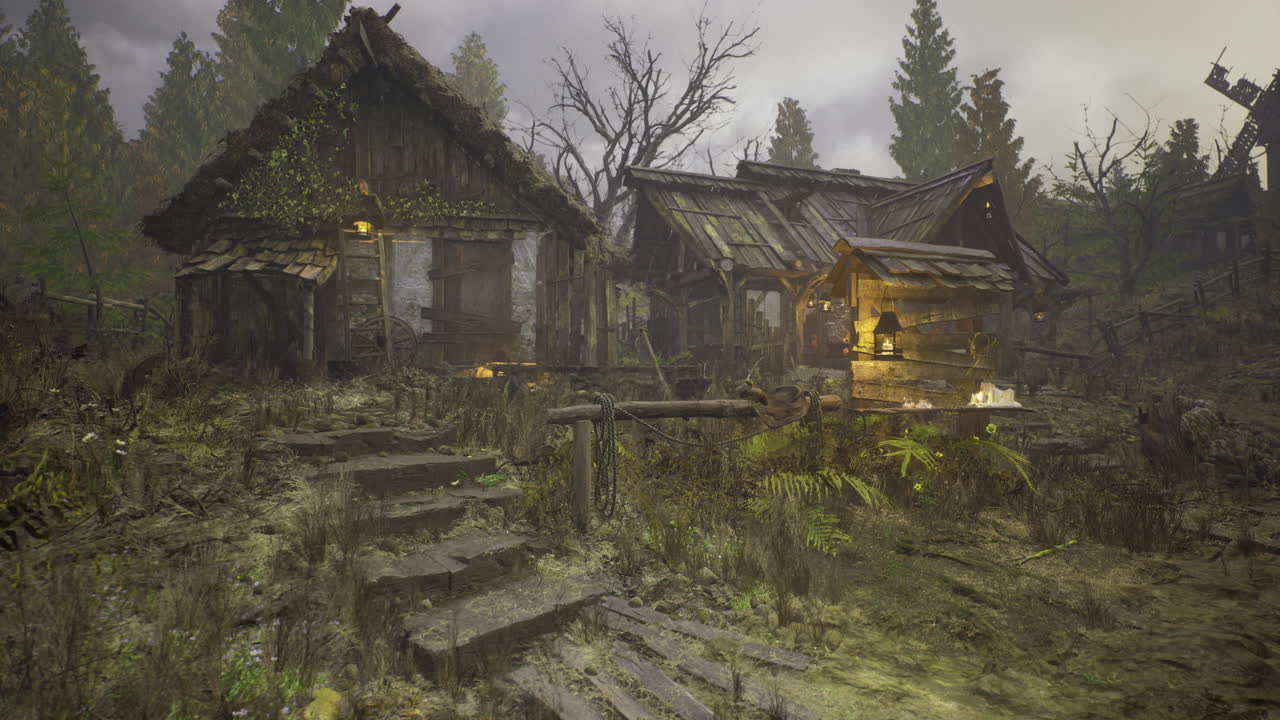 Mysterious abandoned village hidden in the foggy forest at twilight
