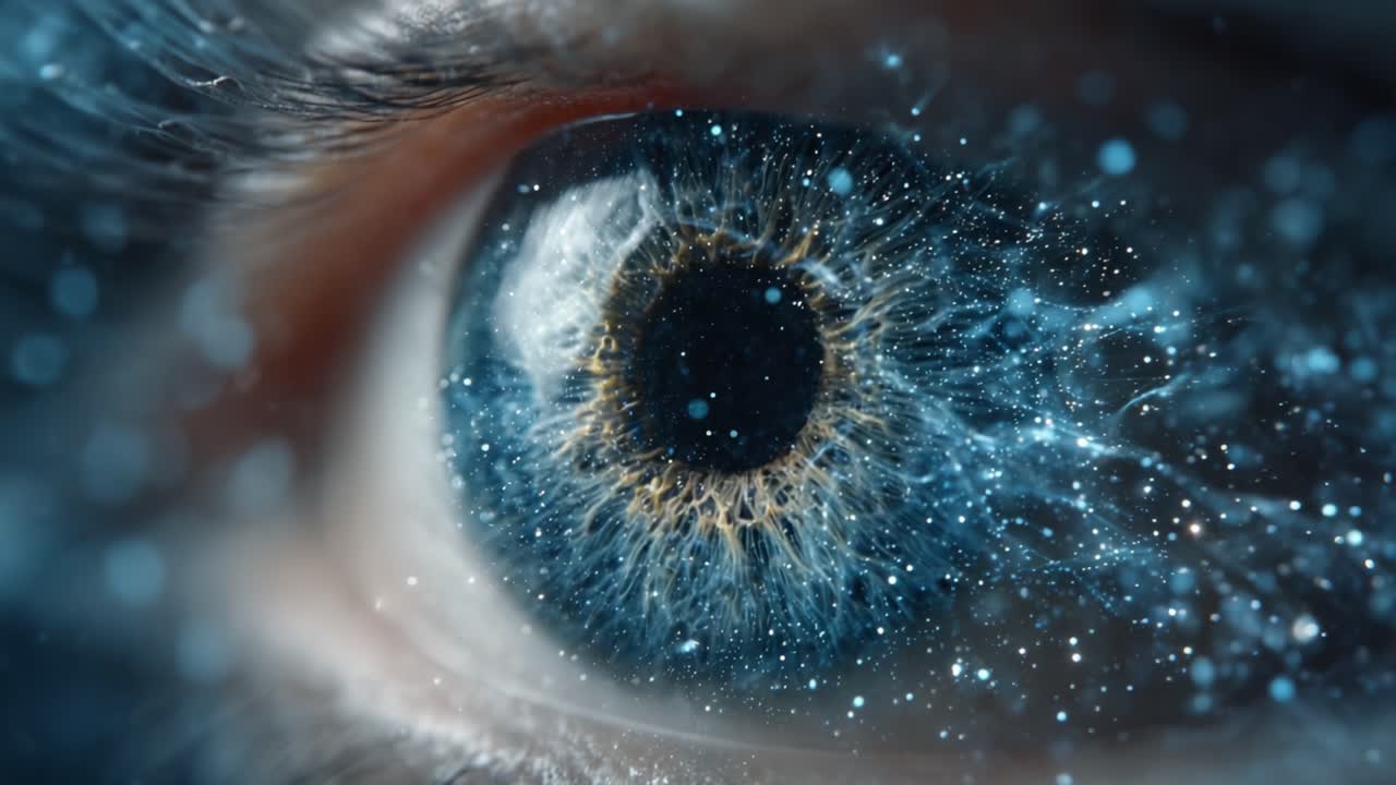 Un primo piano accattivante di un bellissimo occhio che mostra un'eterea galassia di colori e scintillii, fondendo la bellezza naturale con il mistero dell'universo.