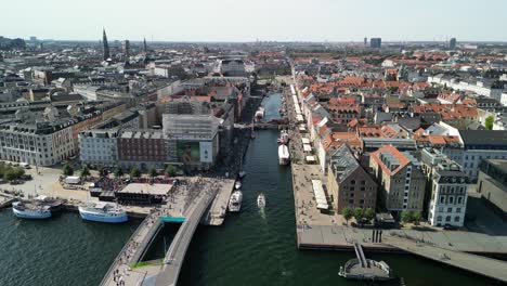 Aerial-of-Nyhavn-Canal,-Copenhagen,-Denmark