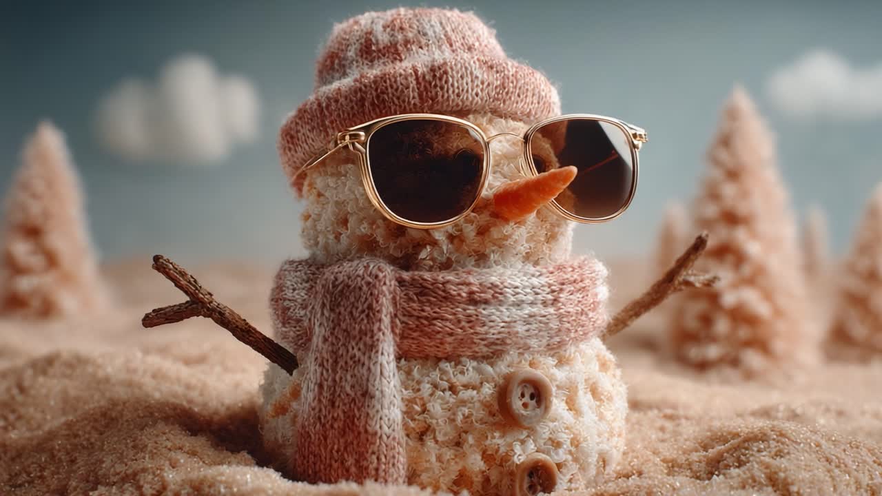 A Stylish Snowman Enjoys a Sunny Day at the Beach, Wearing Sunglasses and a Cozy Scarf While Surrounded by Soft Sandy Terrain and Fuzzy Pine-Like Trees