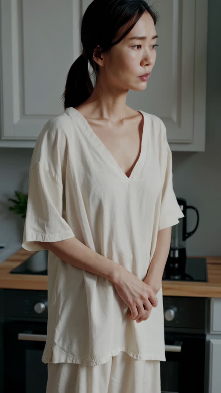Woman in Pajamas in a Kitchen