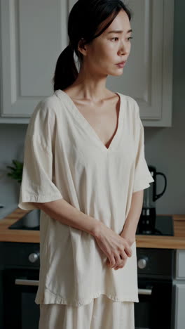 woman in pajamas in a kitchen