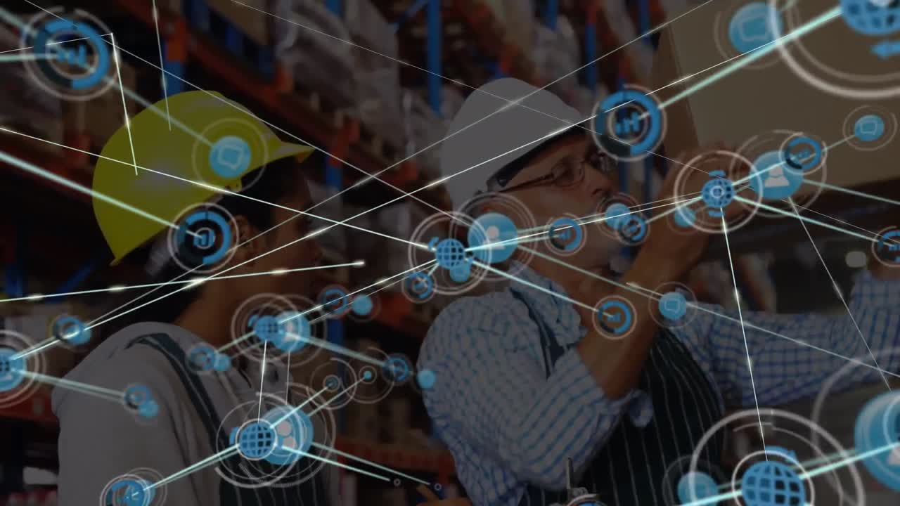 Animation of connected globe and graph icons, diverse coworkers checking cardboard box in warehouse