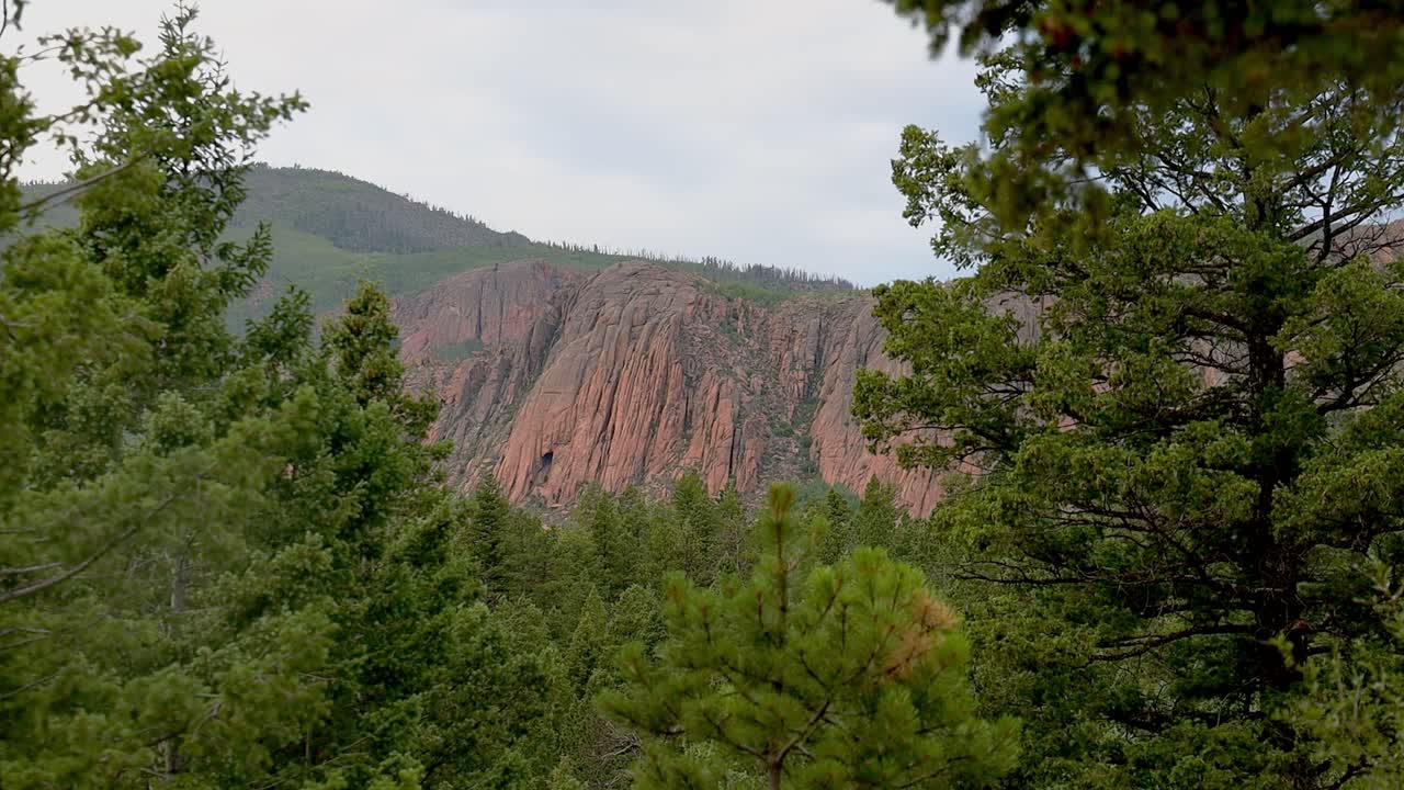 Remote red colored cliff face viewed through trees in a national forest with no people. Filmed in the Pike National Forest of Colorado