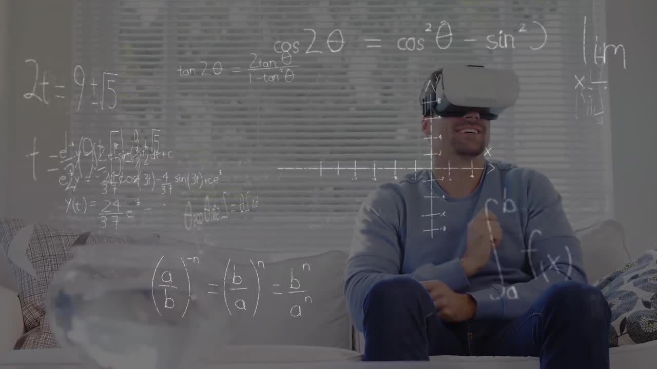 Animation of mathematical drawings and equations over man wearing vr headset