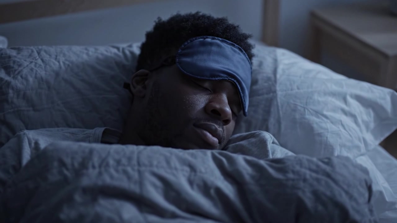 Un sommeil paisible : capturant la sérénité d'un homme se reposant confortablement au lit avec un masque de sommeil, entouré d'une literie douce et d'une douce lumière matinale