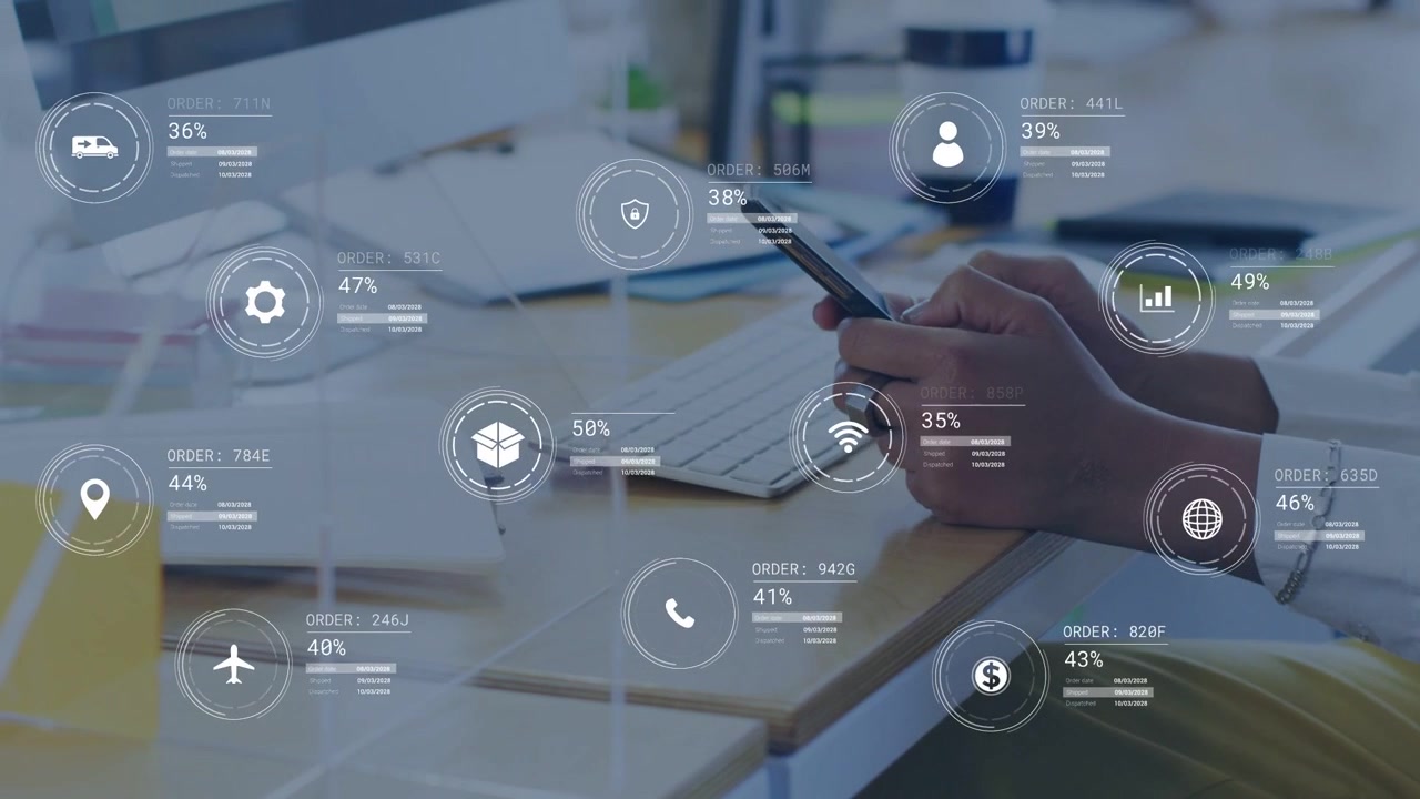 Woman tapping phone at desk, starting data icons and rising percentages, covering desk for business