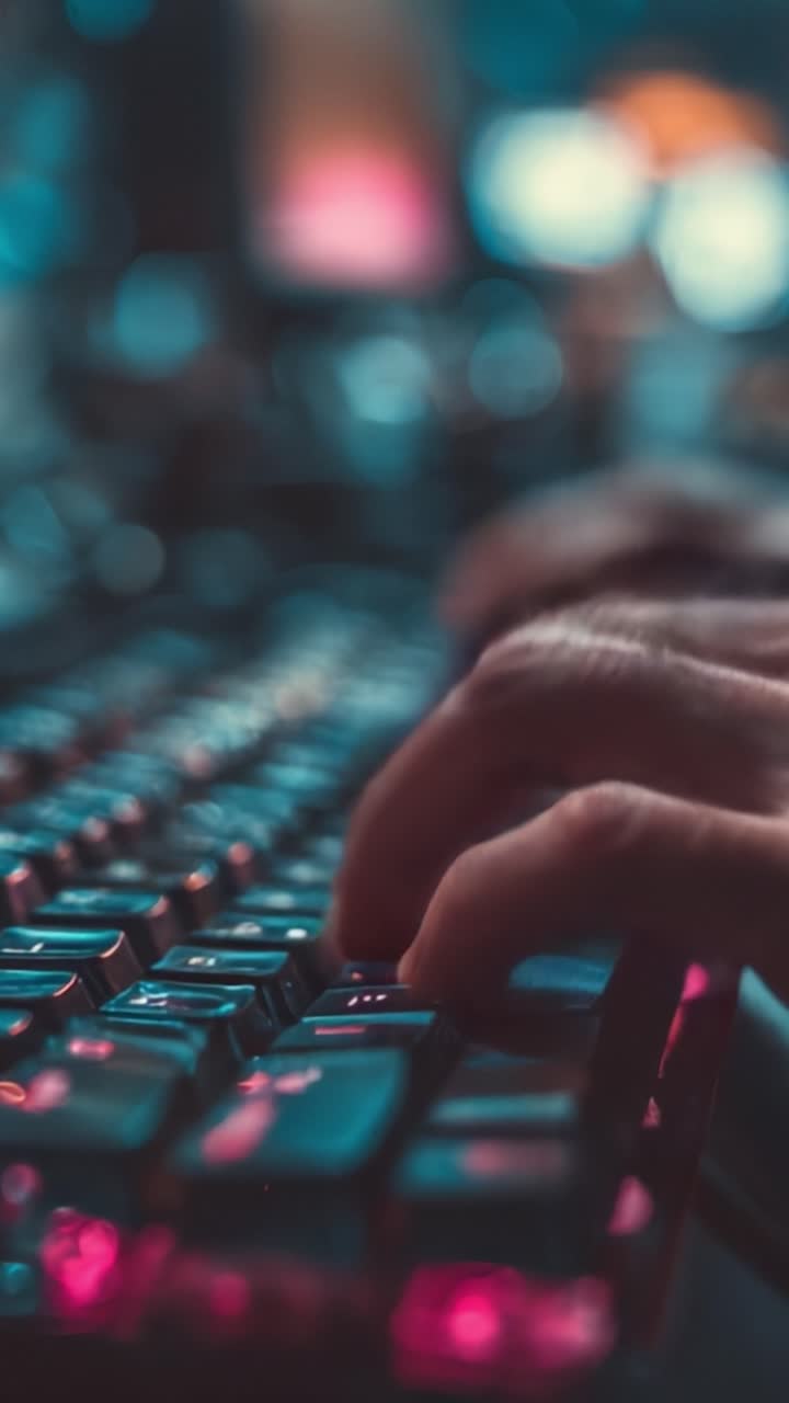 Primo piano di mani che digitano su una tastiera da gaming, illuminate da luci RGB, che cattura l'essenza dell'interazione digitale moderna e della tecnologia