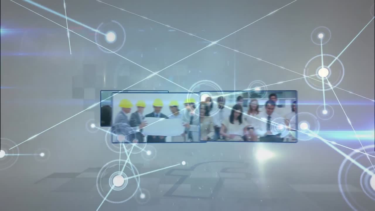 Animação de pontos conectados sobre diversos agentes de serviço, engenheiros e profissionais em monitores