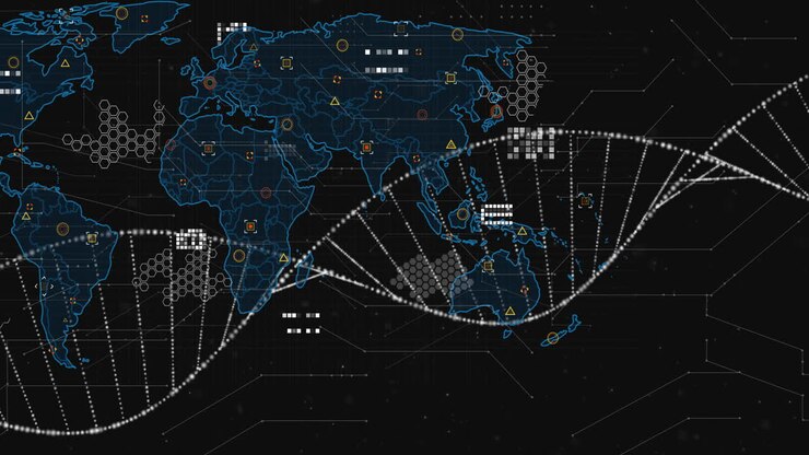 Animation of dna strand over data processing and world map