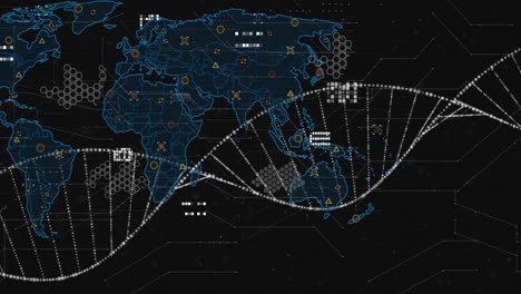 Animación-De-La-Cadena-De-ADN-Sobre-Procesamiento-De-Datos-Y-Mapa-Mundial.