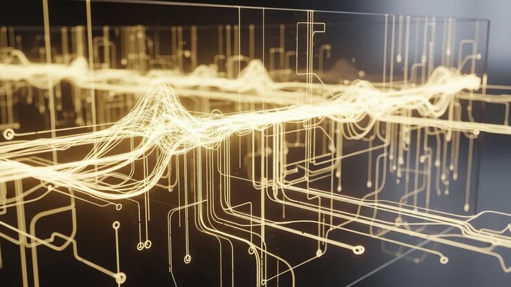 Visually Stunning Representation of Digital Data and Circuitry, Highlighting the Elegance of Electric Flow and Signal Patterns in an Abstract Art Style