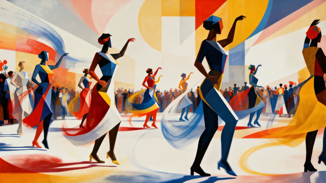 Dansgroep voert een groepsdans uit op een plein voor publiek, toont zwierige rokken en een muurschildering.