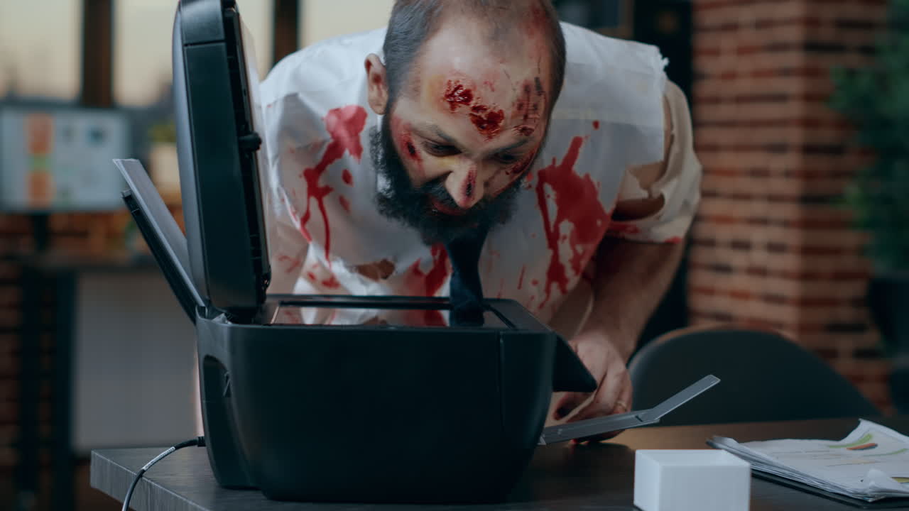 Stupid zombie with blood on clothes photocopying his own face while in office