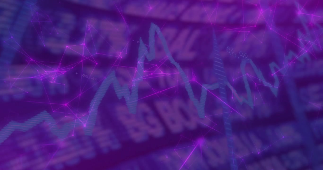 Rete viola che appare, avviando un grafico blu in aumento e in diminuzione per mostrare le tendenze finanziarie.