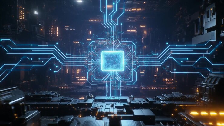 Glowing Digital Microchip Processing Data in Futuristic Cybernetic Environment