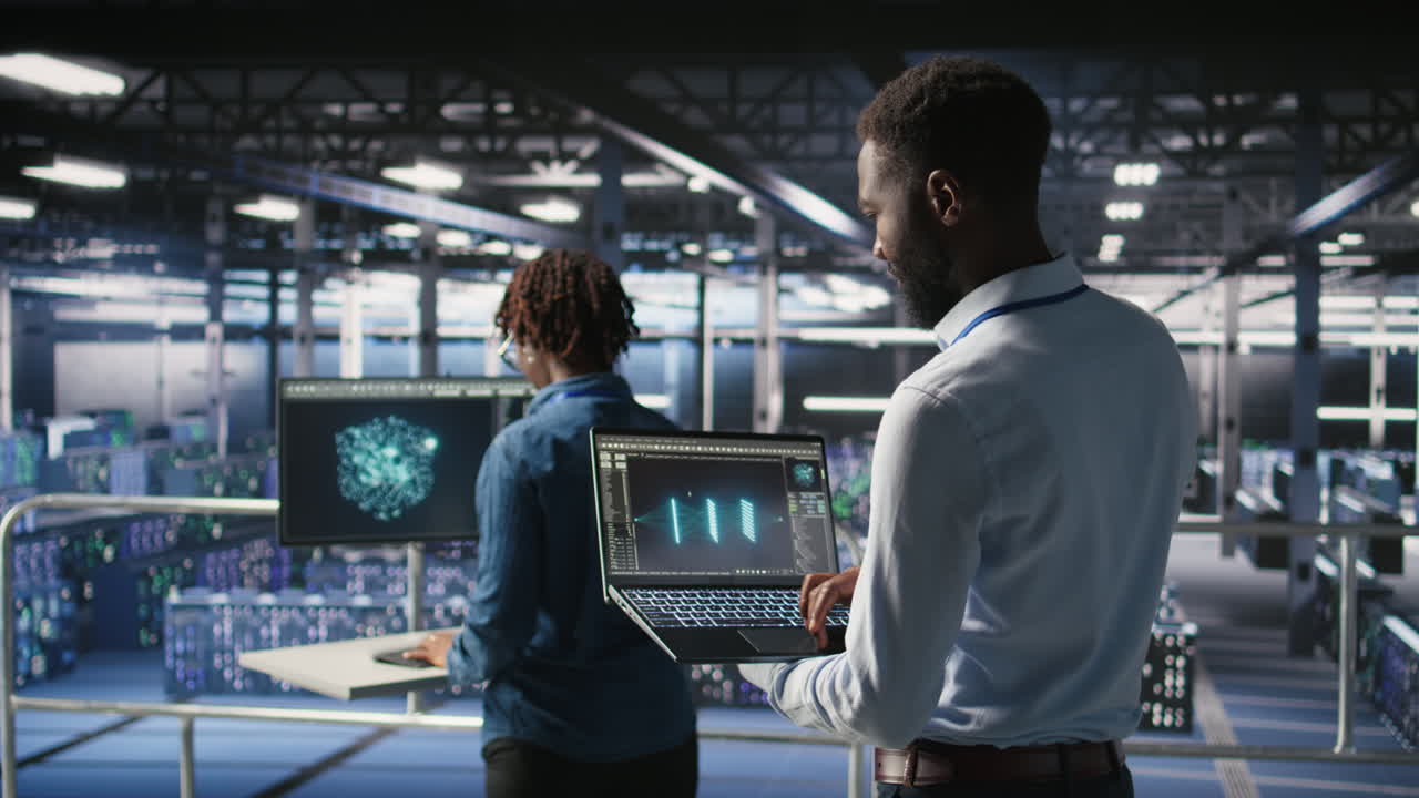 Engineers in data center reviewing large language model visualizations on laptop