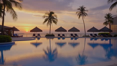 tropical resort swimming pool at sunset