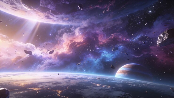 Panning camera revealing planet above curved horizon with night lights, rocks, nebula and gas giant
