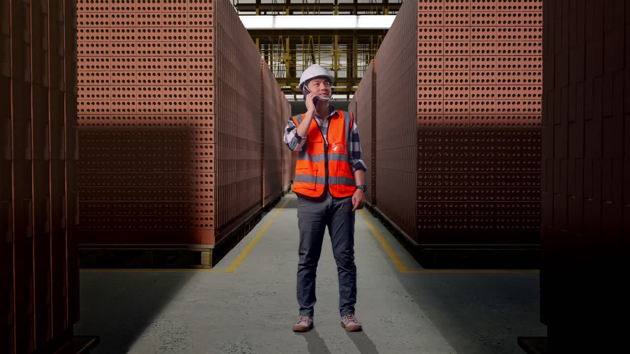 Full Body Of Asian Male Engineer With Safety Helmet Talking On Smartphone While Standing With Red Brick Packed in Stacks Are Stored