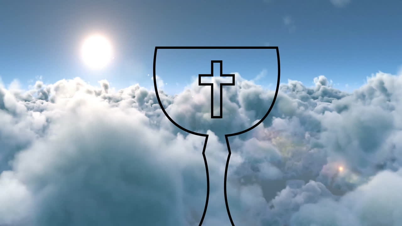 Animation of chalice with cross outline against bright sun and clouds in sky