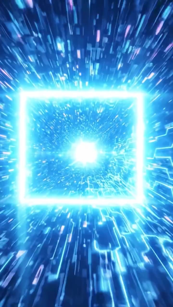 Uma jornada visual deslumbrante através de um segmento espacial vibrante, destacando o movimento dinâmico e a energia de um núcleo azul brilhante rodeado por partículas cintilantes e rastros de luz