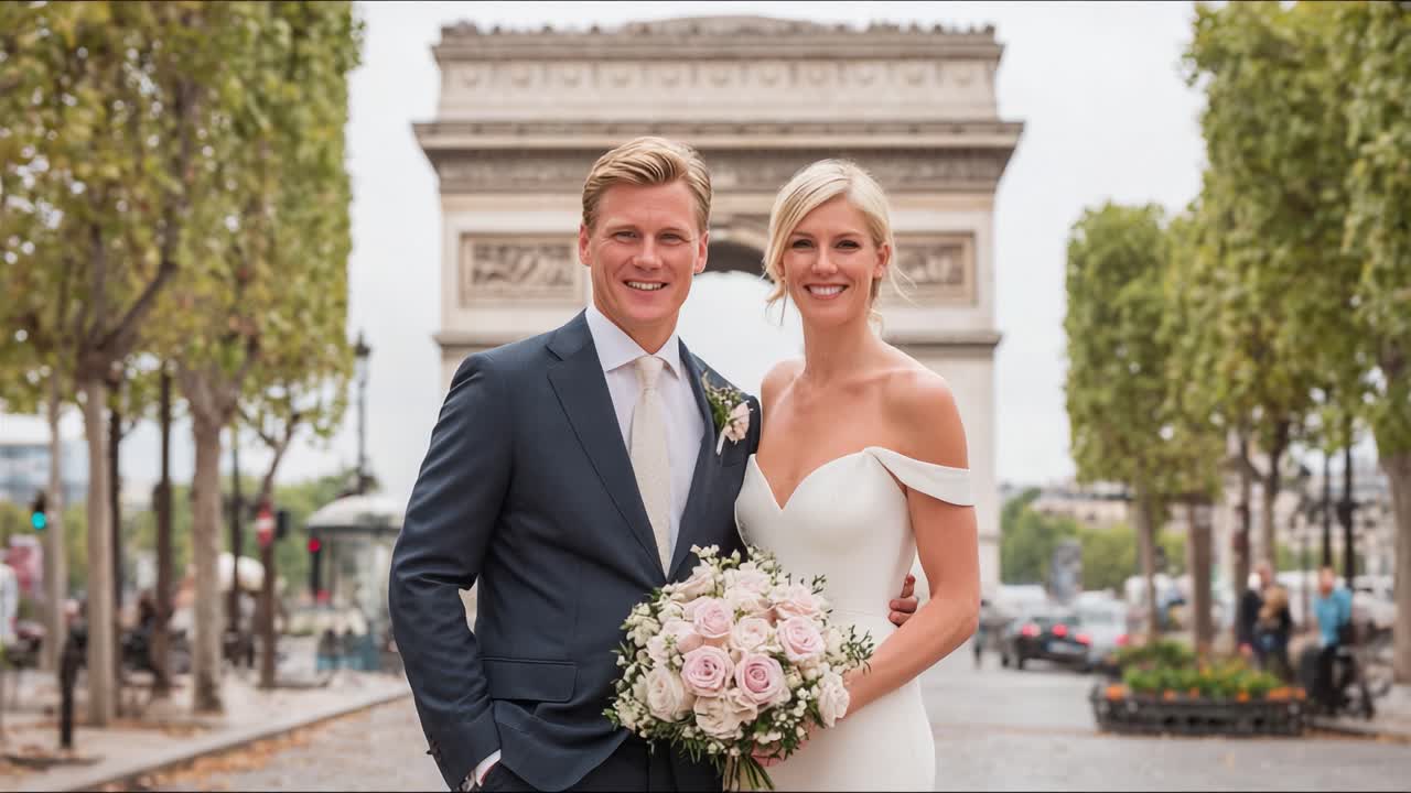 A Joyous Celebration of Love: A Beautiful Couple Poses Against an Iconic Landmark, Radiating Happiness on Their Special Day