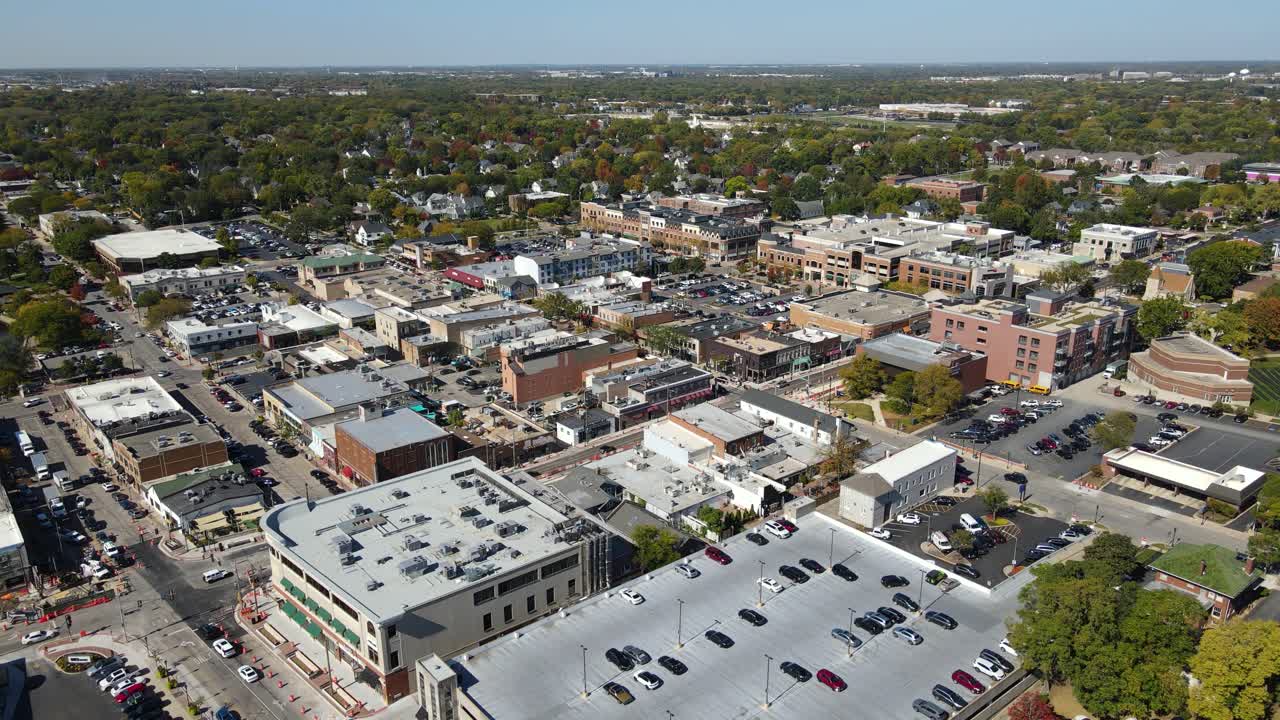 Aerial View of a Suburban Downtown Area in Autumn