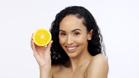 Fruta-Naranja,-Cuidado-De-La-Piel-Y-Rostro-De-Mujer