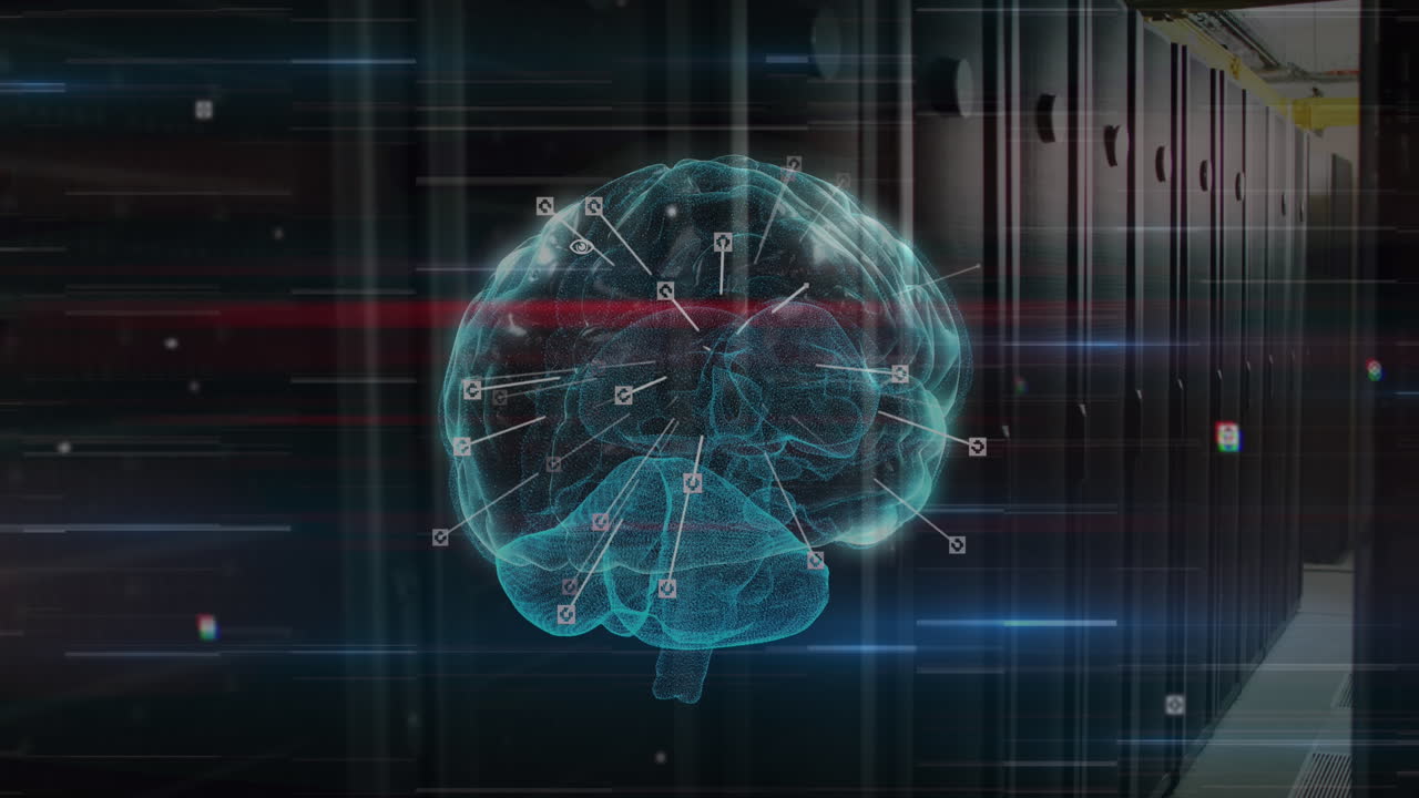 서버  위에 조명된 디지털 인간 뇌를 둘러싼 뷰파인더의 애니메이션