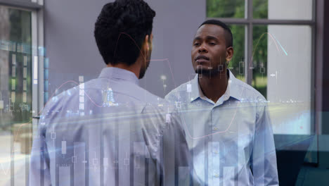 animation of financial graphs over diverse businessmen talking in office
