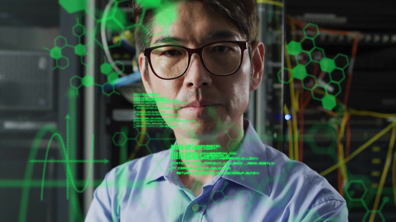 IT engineer monitoring racks while camera zooming code overlay sliding across face showing status