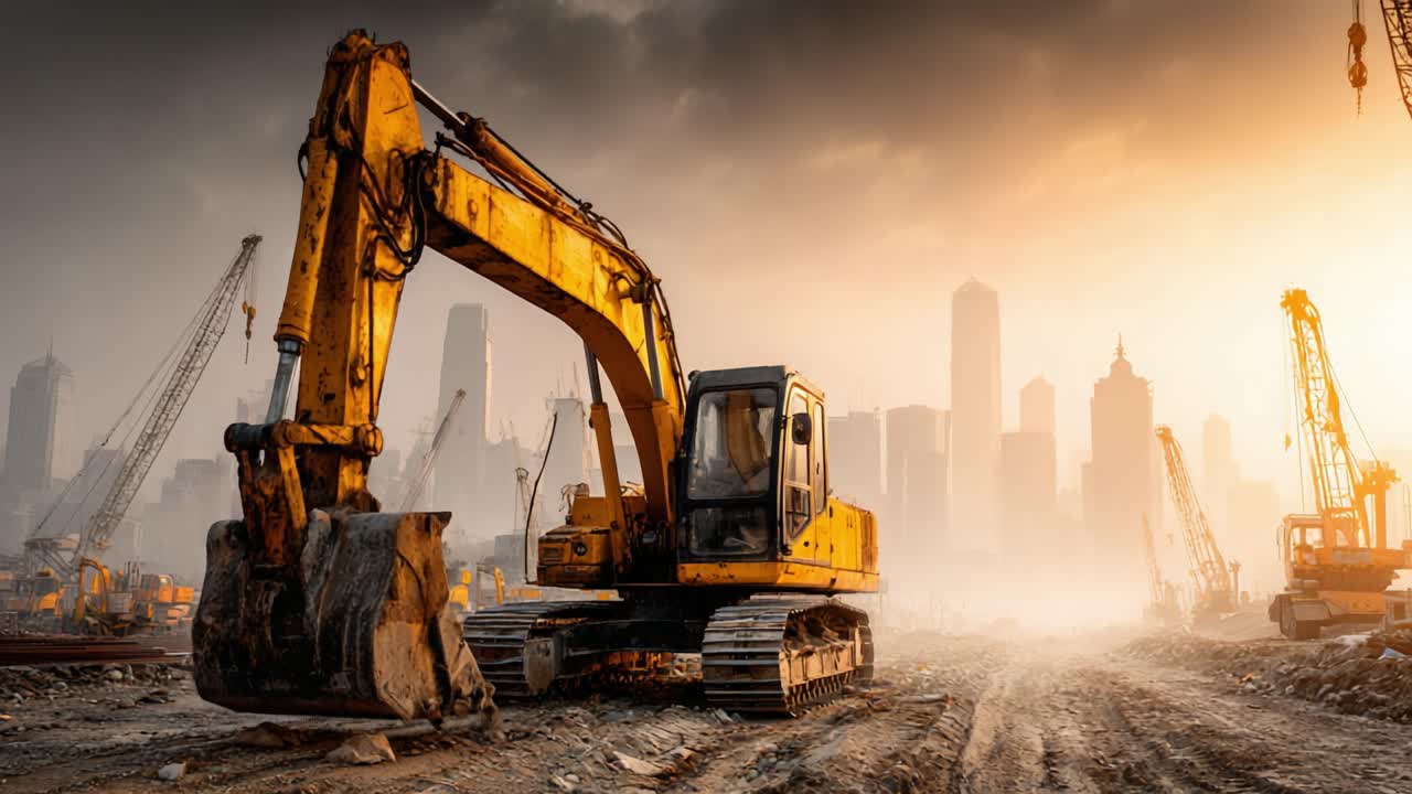 Industrial Excavator at Sunset: A Stunning View of Heavy Machinery Against a City Skyline in the Background During Construction Work