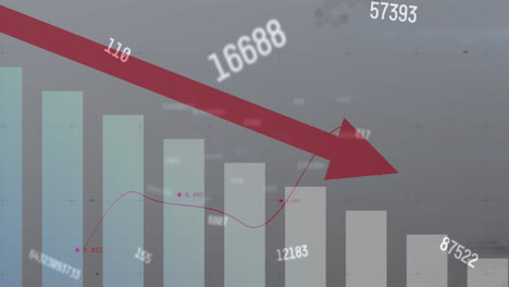 animation of numbers processing over red arrow pointing down and statistics in background