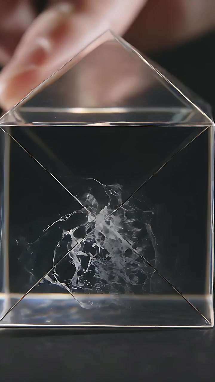 Video verticale: Dita che ruotano un prisma trasparente mentre toccano la punta su un tavolo scuro, mostrando inclusioni
