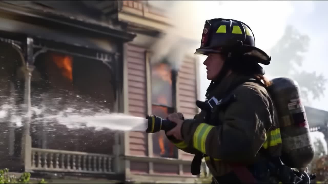 A firefighter in full gear uses a hose to combat a significant fire at a historic structure. Smoke rises, and flames engulf parts of the building under clear skies.