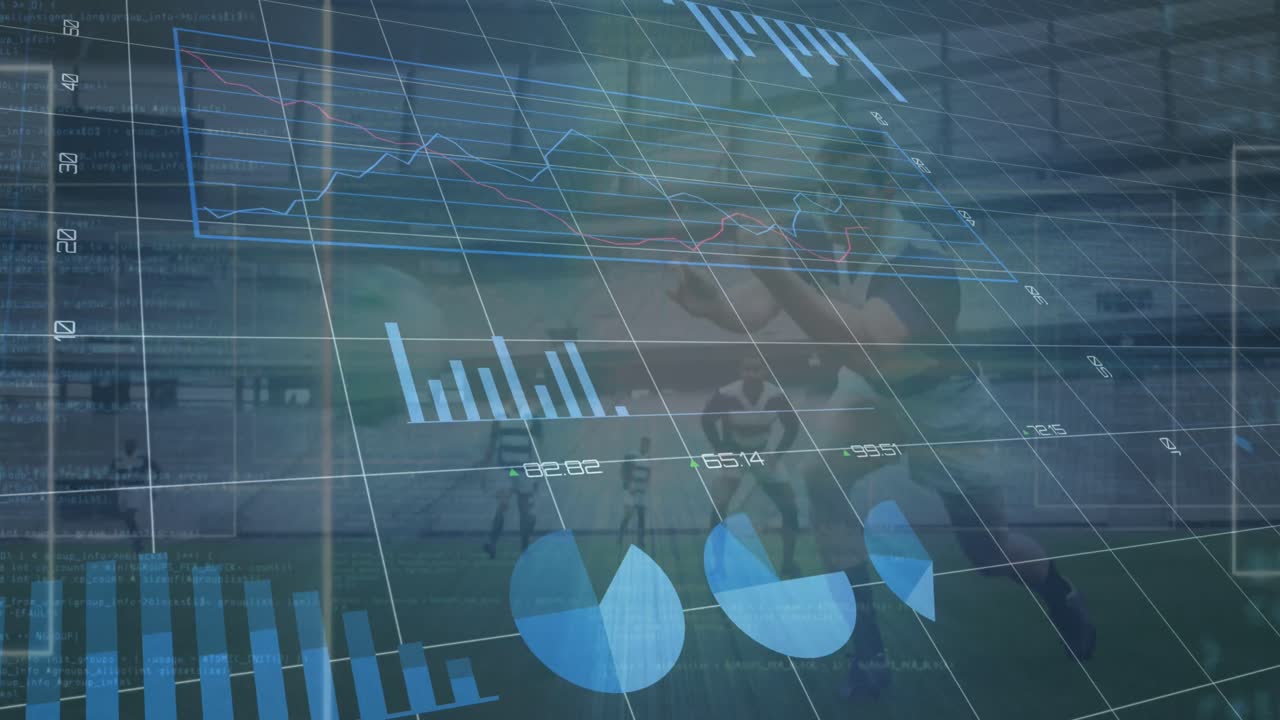 Animation of data processing over rugby players during rugby match in sports stadium