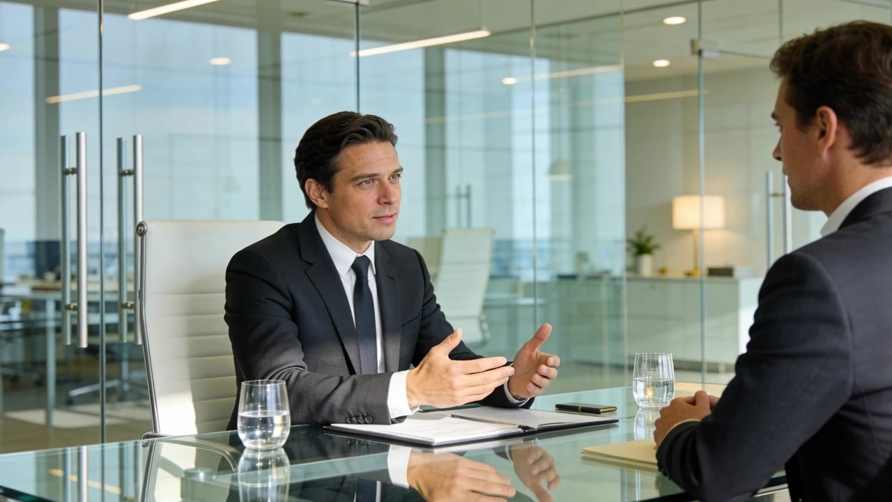 Starting presentation, left man leaning and gesturing at glass table with folder, wearing suit
