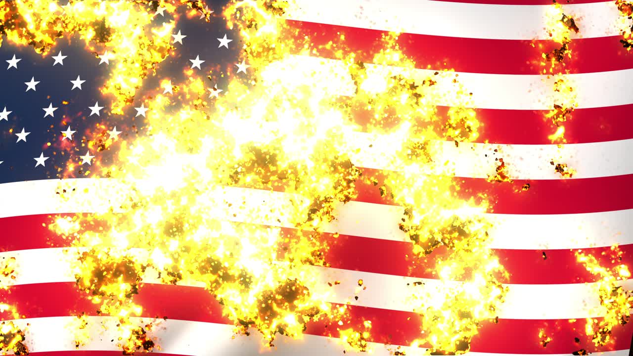 America flag on fire burning animation