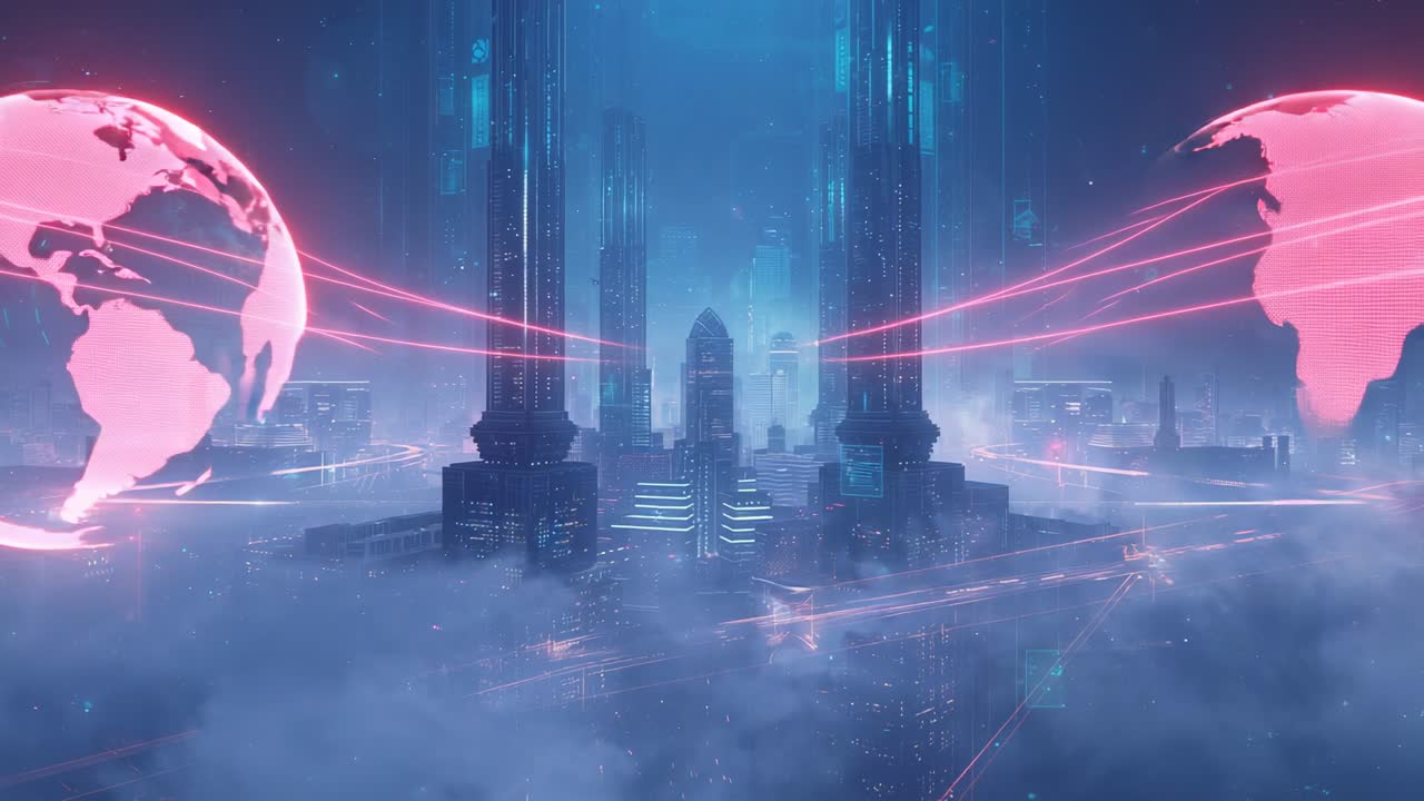 Opening city skyline rising above clouds, pink globes rotating and connecting with data beams