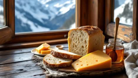 Freshly baked bread and cheese displayed on rustic wooden table with mountain view backdrop