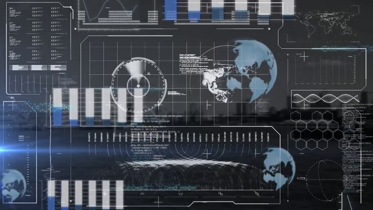 Digital composite video of digital interface with data processing against cityscape in background