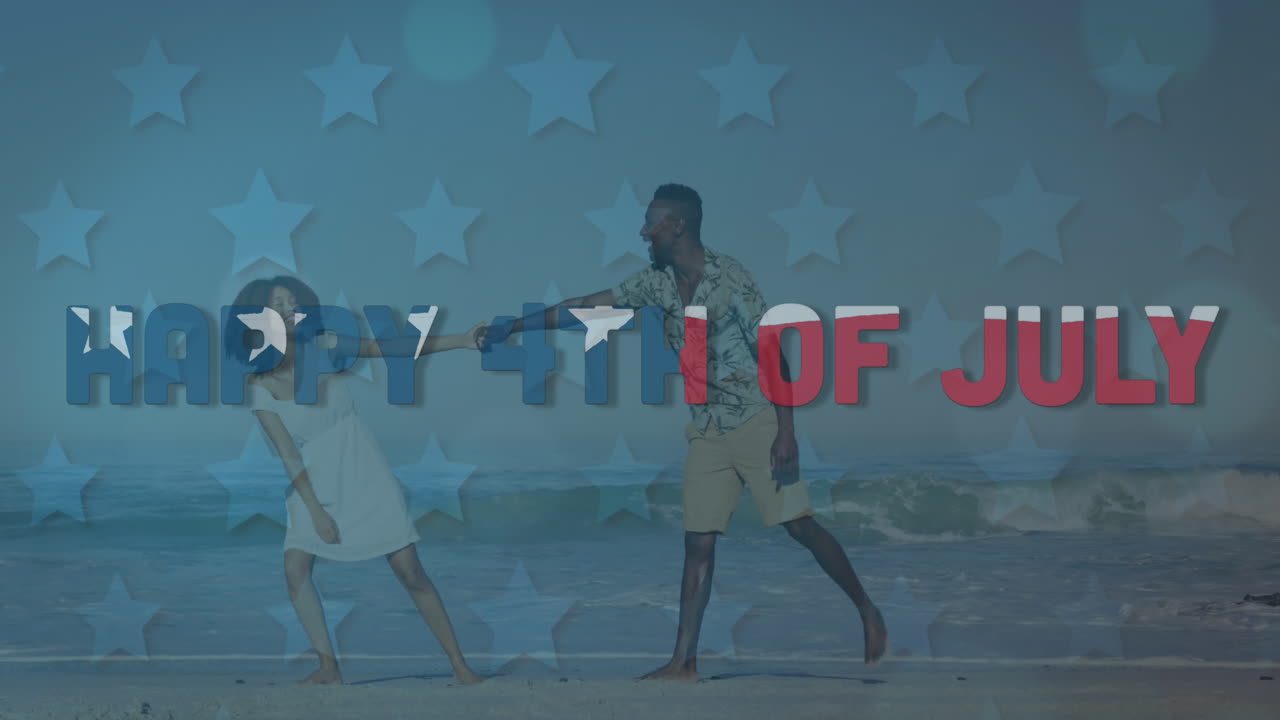 Independence day text against african american couple having fun at the beach