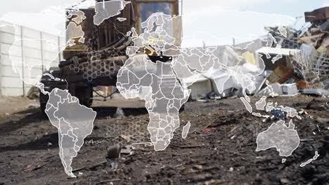 animation of world map and icons over car junkyard