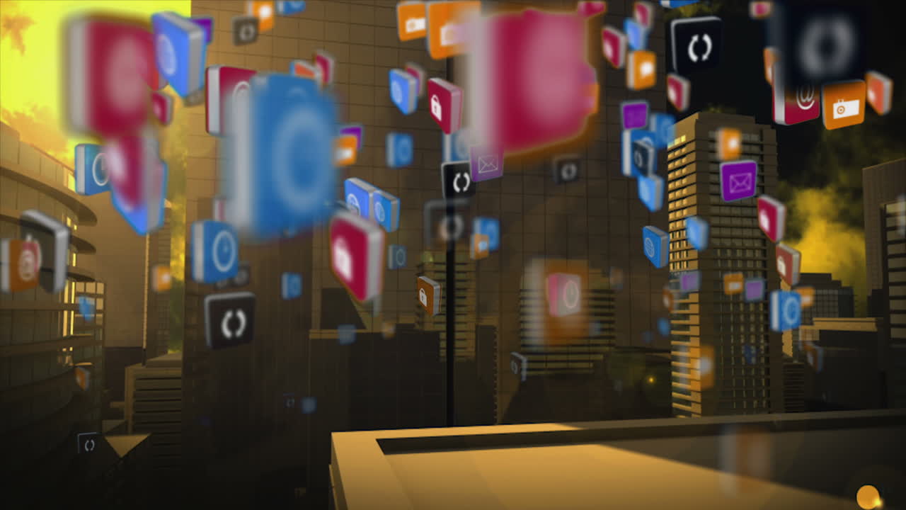 Animation of media icons over cityscape